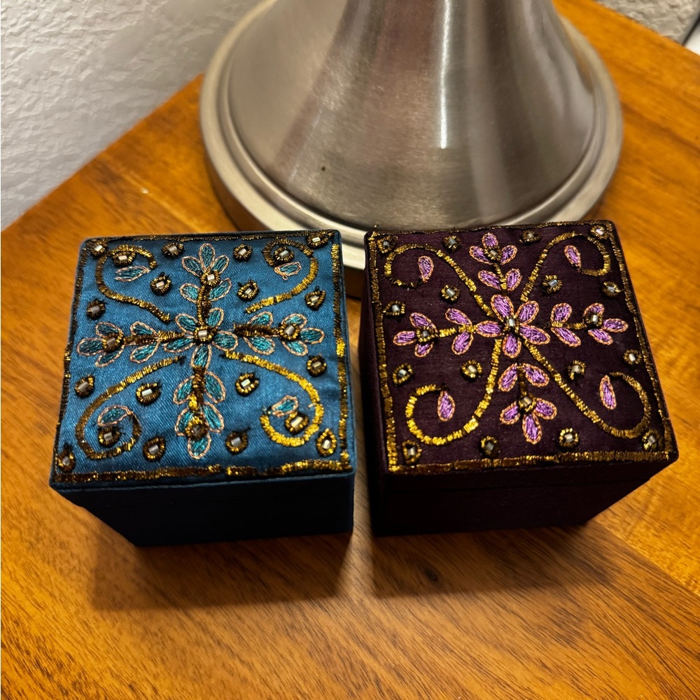 Elegant Blue & Purple Beaded Trinket Boxes with Intricate Patterns